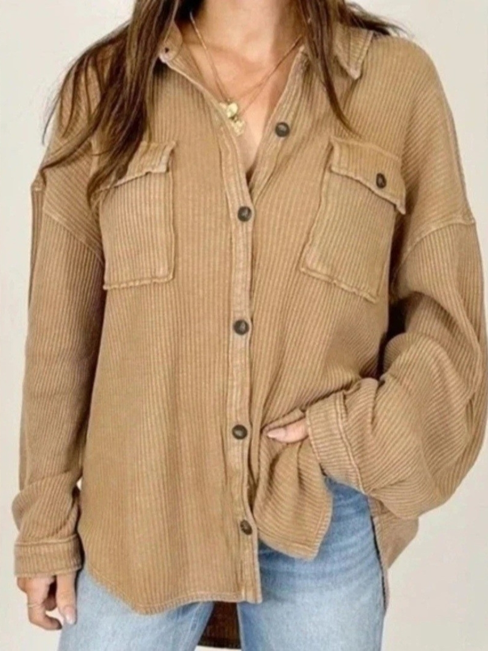 Bluivy Oversized Distressed Button-Front Shirt in Camel Brown Large